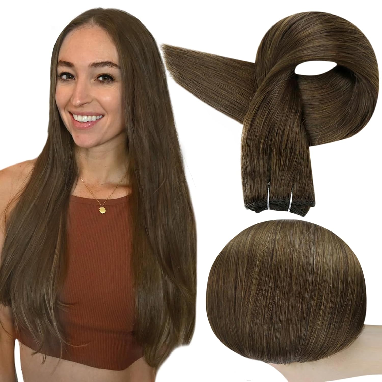 Full Shine 18 Inch Weft Hair Extensions Human Hair Color Medium Brown Extensions 105G Sew In Extensions Remy Human Hair Weft Sew In