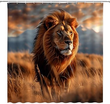 Lion Shower Curtain African Animal Powerful Wildlife Prairie Sunset Autumn Nature Bathroom Curtain Fabric with Hooks70" WX70 H