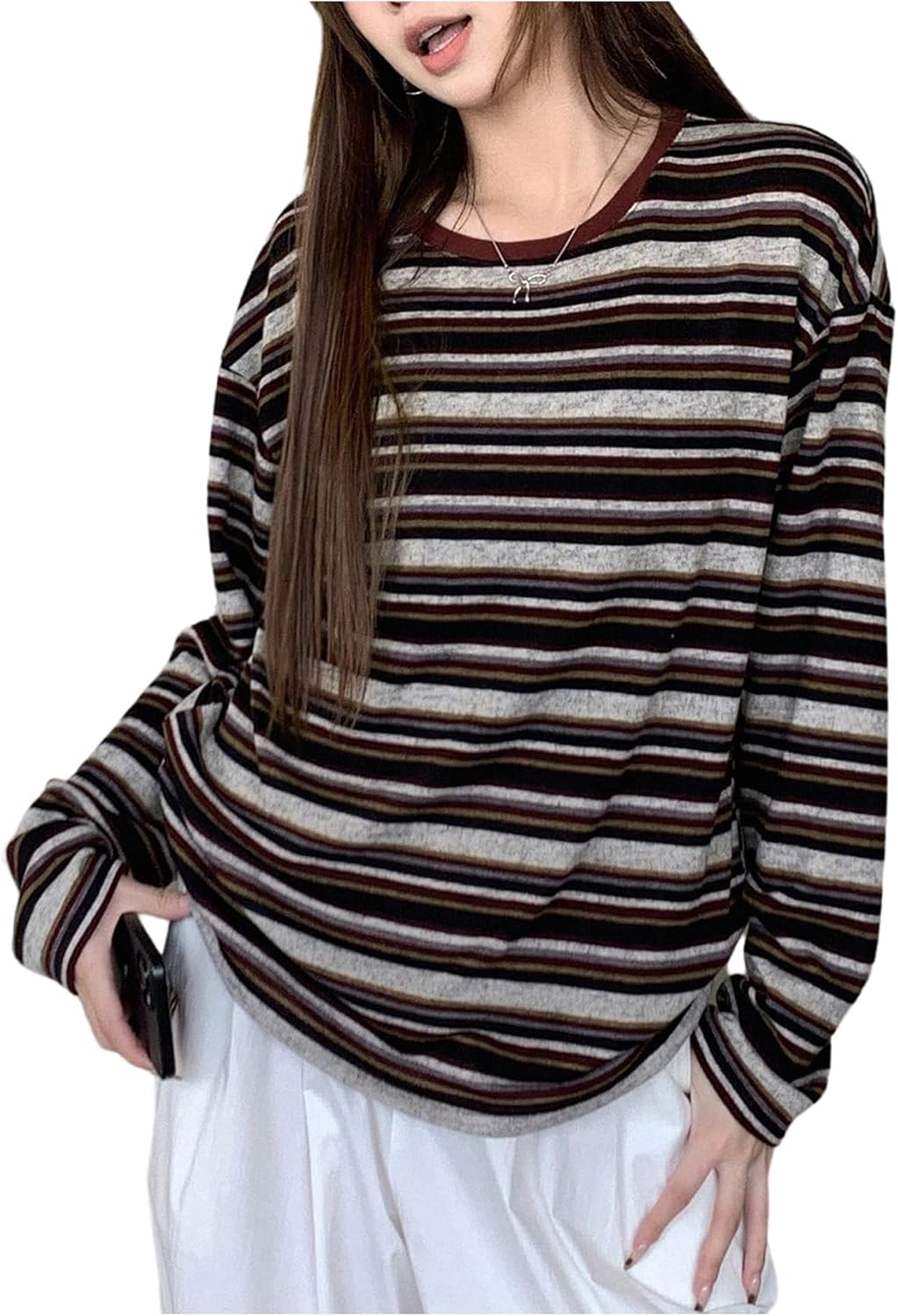 Women's Trendy Striped Long Sleeve T Shirts Casual Color Block Crew Neck Drop Shoulder Streetwear 2025 Fall Tops