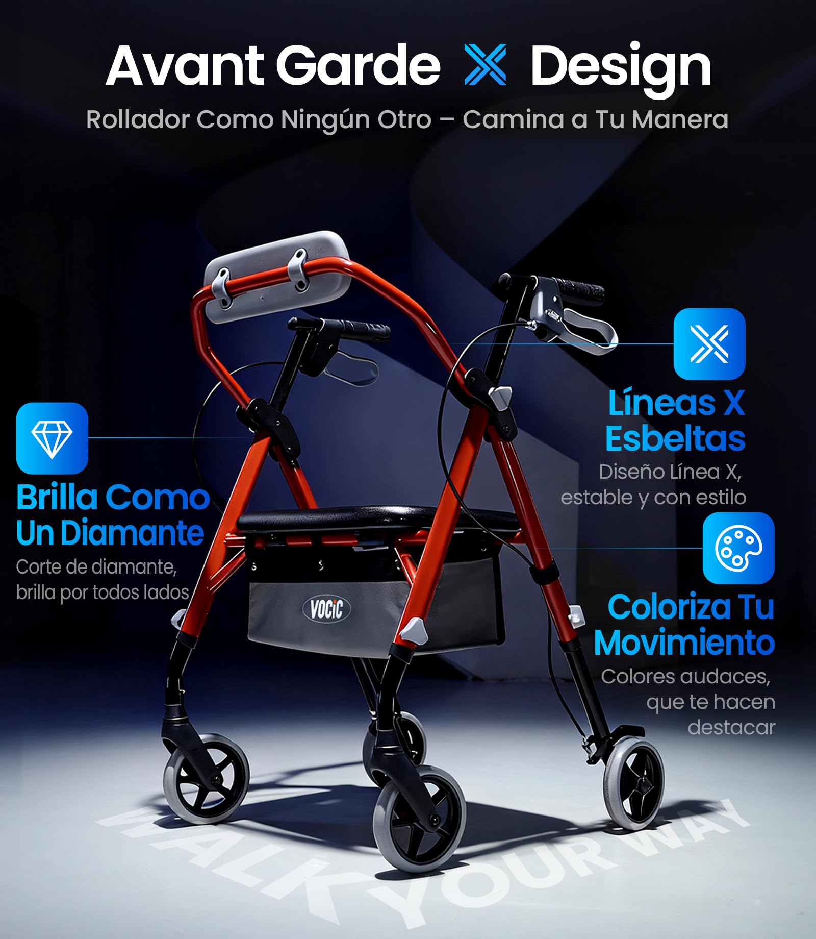 VOCIC Andador plegable ligero con asiento, 6,3kg Ultraligero, Max 150 kg | andador para ancianos con ruedas, asiento ergonómico, altura regulable, Walker estrecho para apartamento & viajes, rojo