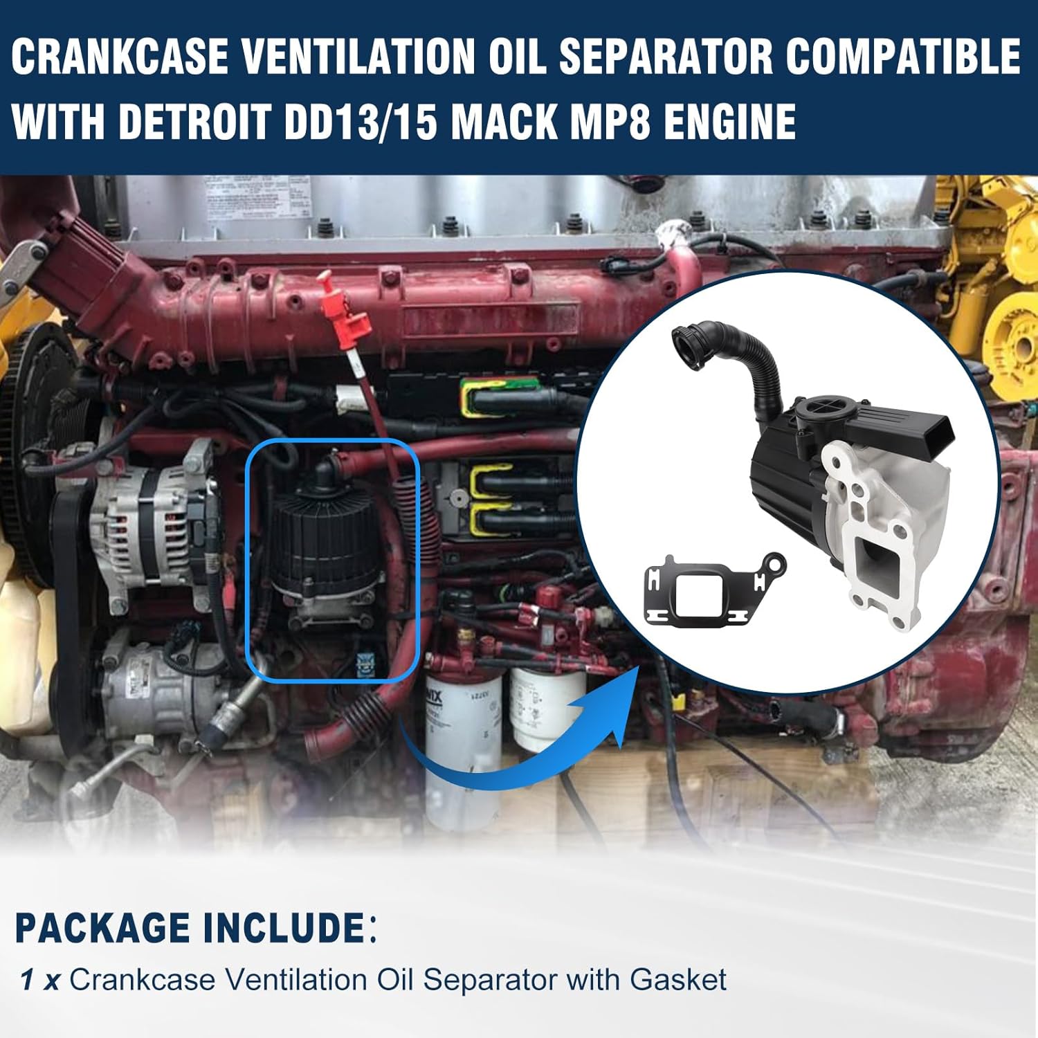 A4720108262 Crankcase Ventilation Oil Separator with Gasket compatible with Detroit DD13 DD15 Mack MP8 Engine 2010-2024 Replaces A4720107662 A4720106662