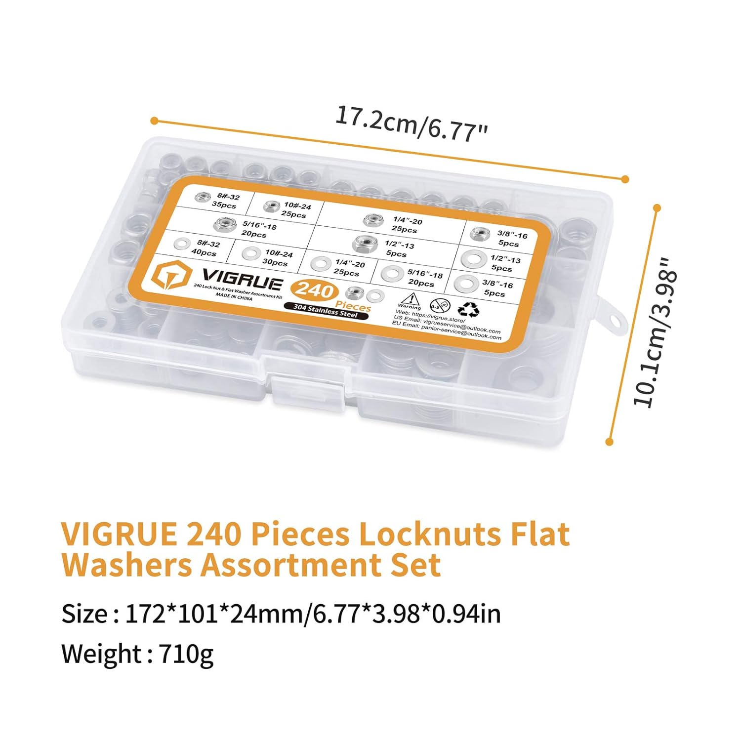 Lock Nut Assortment [1/4"-20,3/8"-16,5/16"-18,1/2"-13,#10-24,#8-32], VIGRUE 304 Stainless Steel Nylon Insert Hex Lock Nuts & Washers Kit SAE, 240PCS