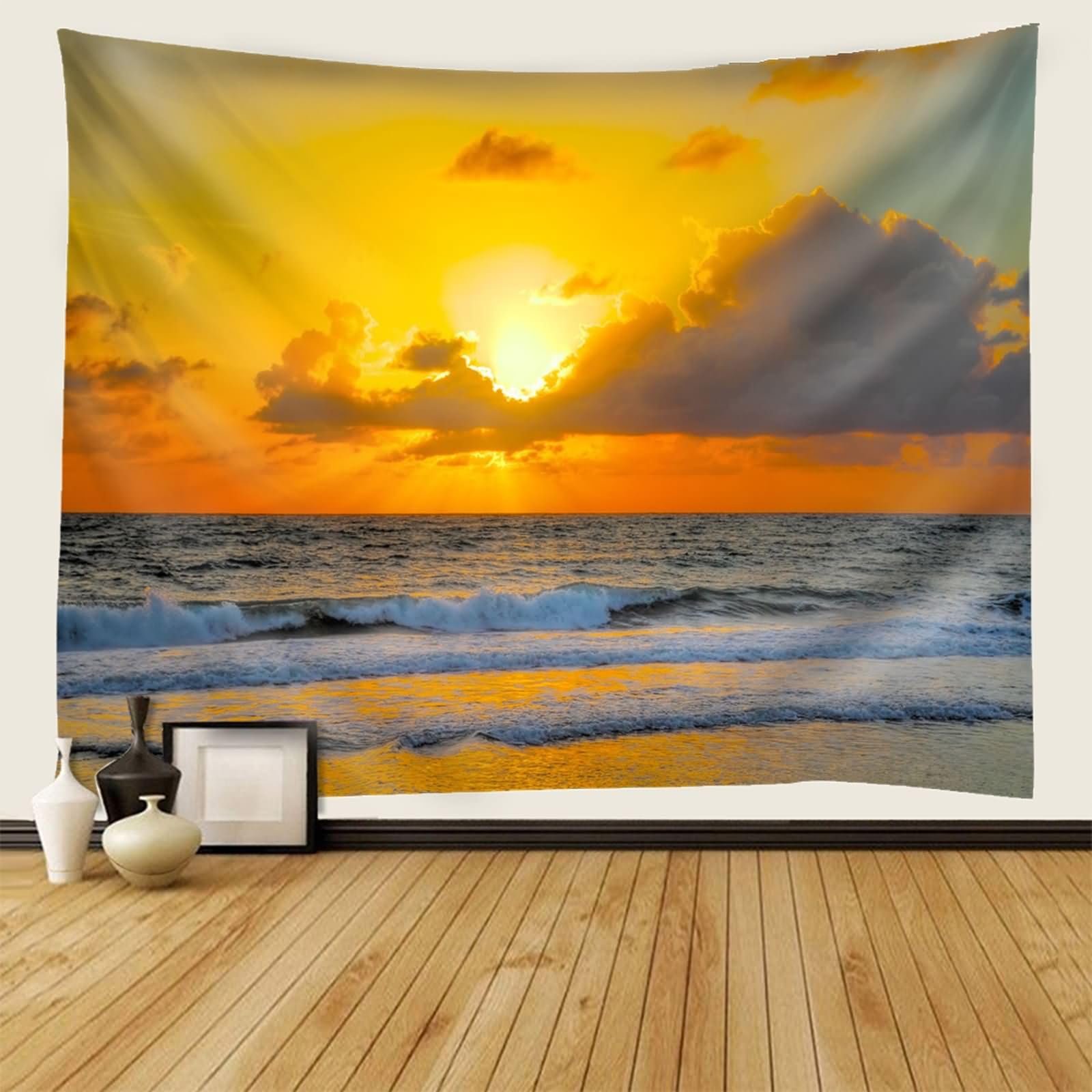 Homxi Wandteppich Wall Hanging 260 W x 240 H CM, ​​Strandmeer Sonnenuntergang​​, Polyester Tapestry, Gelb Schwarz