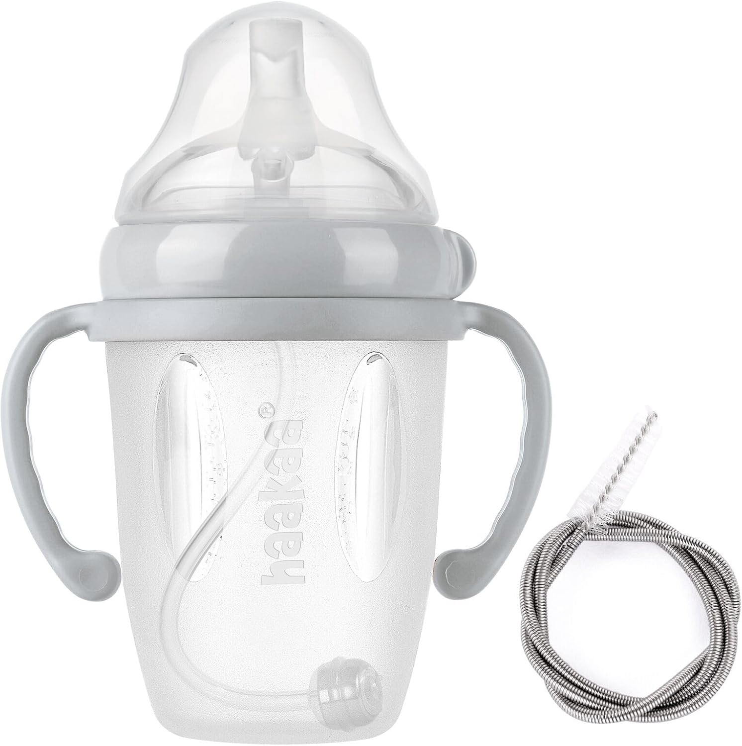 haakaa Silicone Sippy Spout Bottle with Straw Brush - Grey, 8 oz/250ml