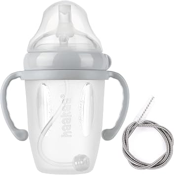 haakaa Silicone Sippy Spout Bottle with Straw Brush, Grey, 8 oz/250ml