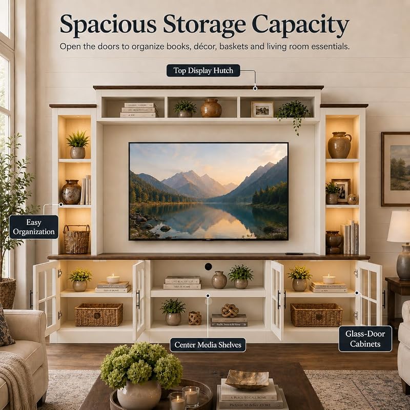 White Farmhouse TV Stand, Entertainment Center, 98" Wall Unit Media Console with Bookshelf, Cabinet & Power Outlets & Barn Doors, Fits TVs Up to 75” for Living Room image 6