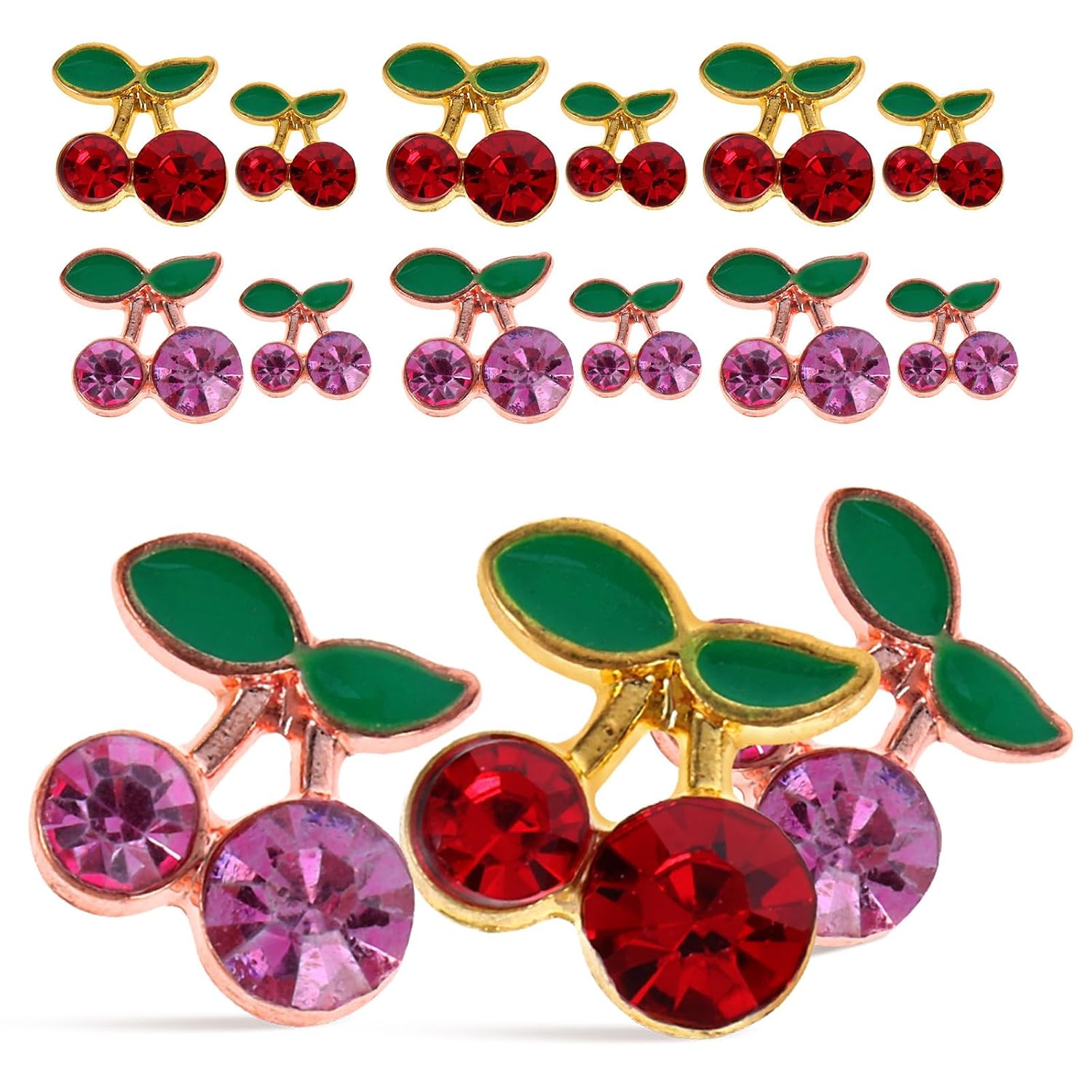 32pcs Cherry Nail Charms Rhinestones Small Nail Studs Red and Rose Gold for Women DIY Christmas Decorations
