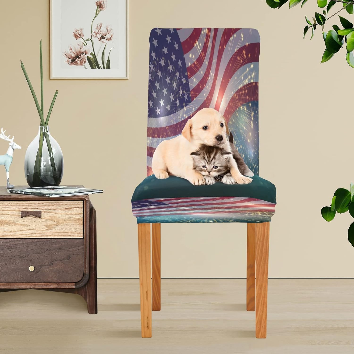 ALAZA American Flag 4th of July Independence Day Chair Covers Slipcovers for Dining Room Hotel Office Party Soft Stretch Spandex Seat Slipcover Set of 4