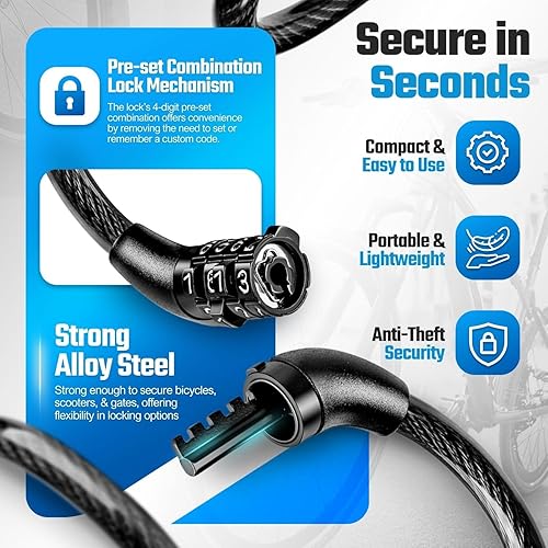 Miniatura 2 de Flexzion Cable de bloqueo de bicicleta de 4 pies, 516 pulgadas (0.315 in) de diámetro, cable de bloqueo de bicicleta de acero compacto y fácil de