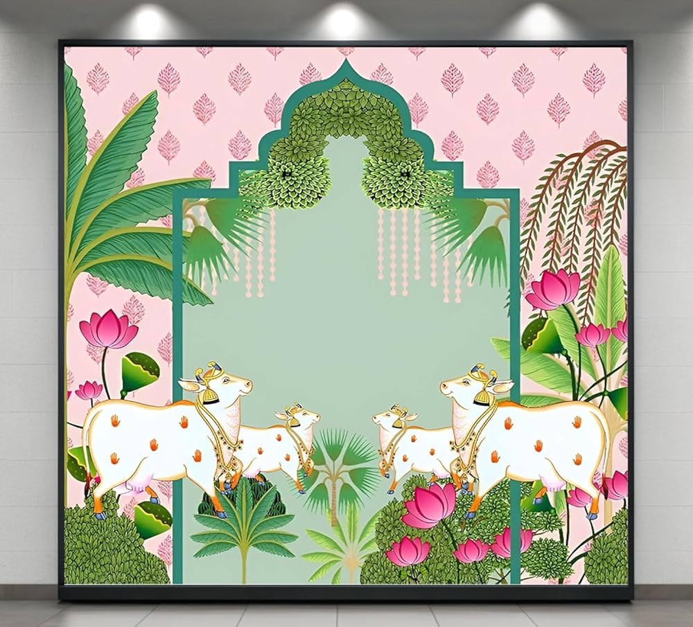 4 Cows with Banana Tree Backdrop Cloth for Pooja Decoration 8X8 |pichwai Backdrop Cloth for Decoration Pink Lotus 4 Cows Traditional Kamadhenu Cow & Banana Leaf Background Curtain for Festival-picture-12