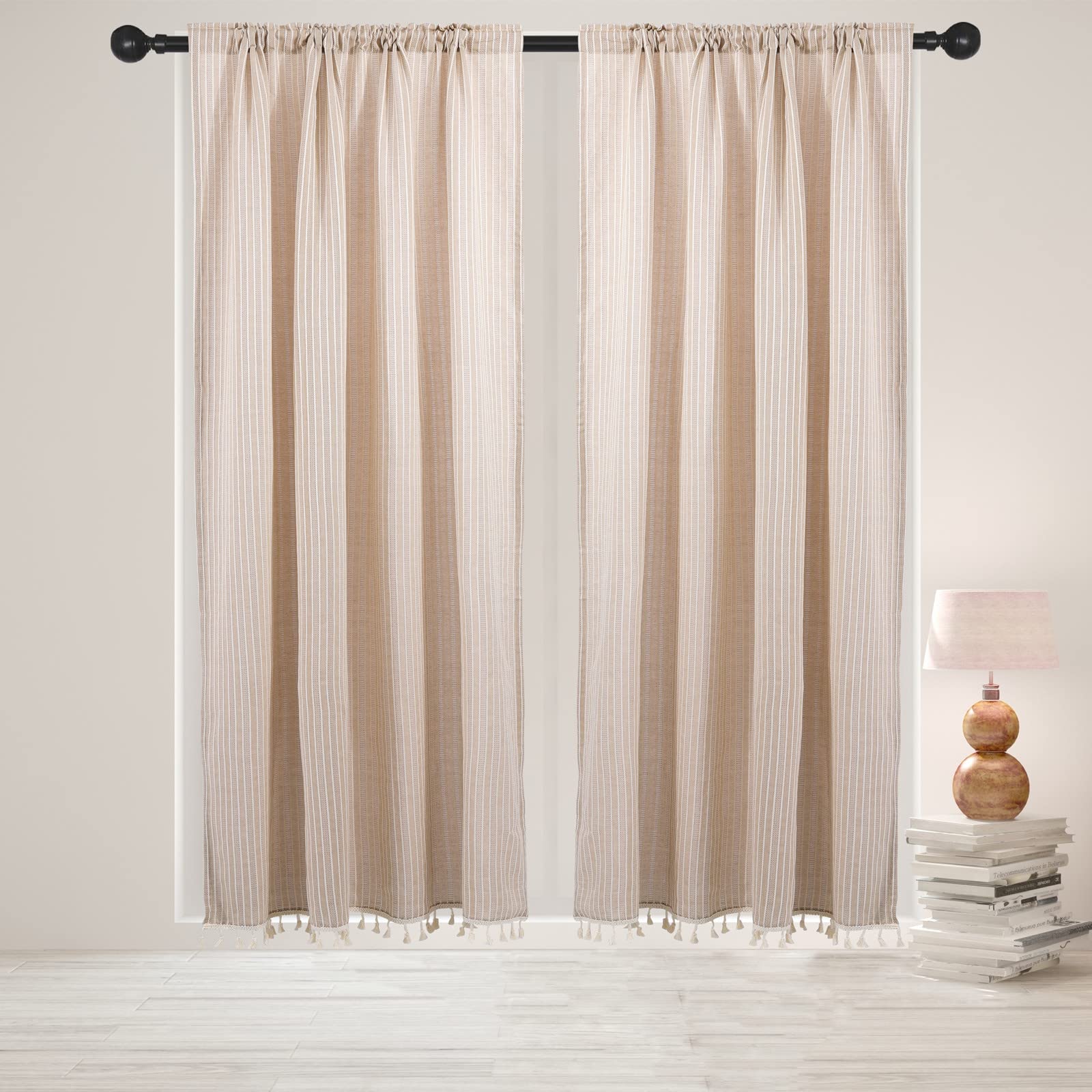RLoncomixJacquard Stripe Narrow Window Curtains Retro Boho Tassel Kitchen Curtain 70 Inches Long Rod Pocket Semi Blackout Panels for Bedroom Living Room, 1 Piece, Beige