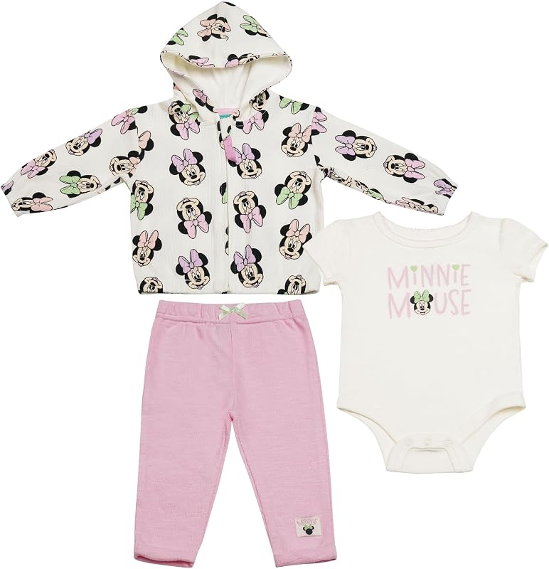 Disney Clothes Baby Girls 3-Piece Layette Set – Minnie Mouse Outfit Set with Jacket, Bodysuit & Pants (0M–9M)