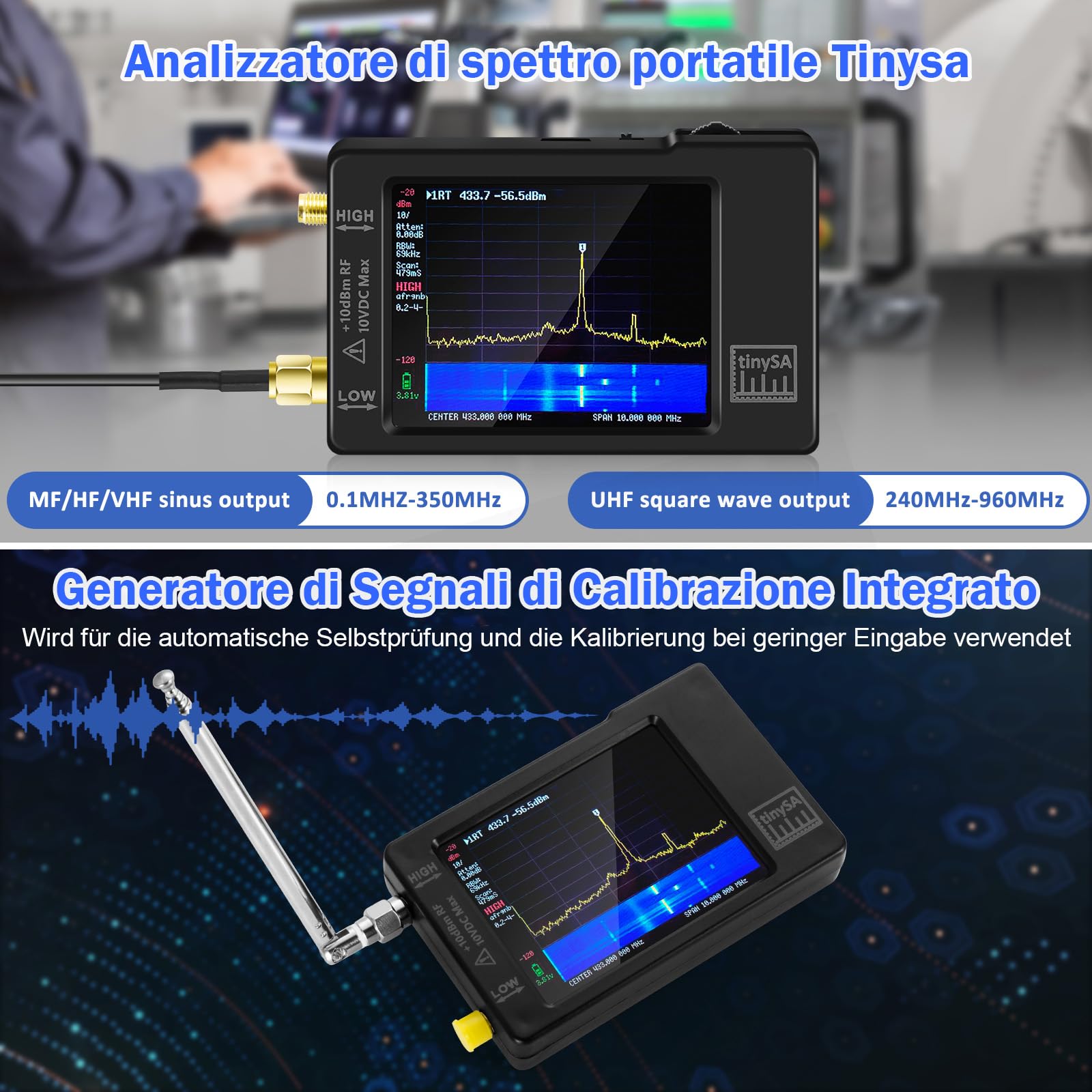 Analizzatore di spettro portatile AURSINC V0.3.1, 100 kHz-960 MHz, FM/MF/HF/VHF/UHF, touchscreen 2,8 pollici, protezione ESD