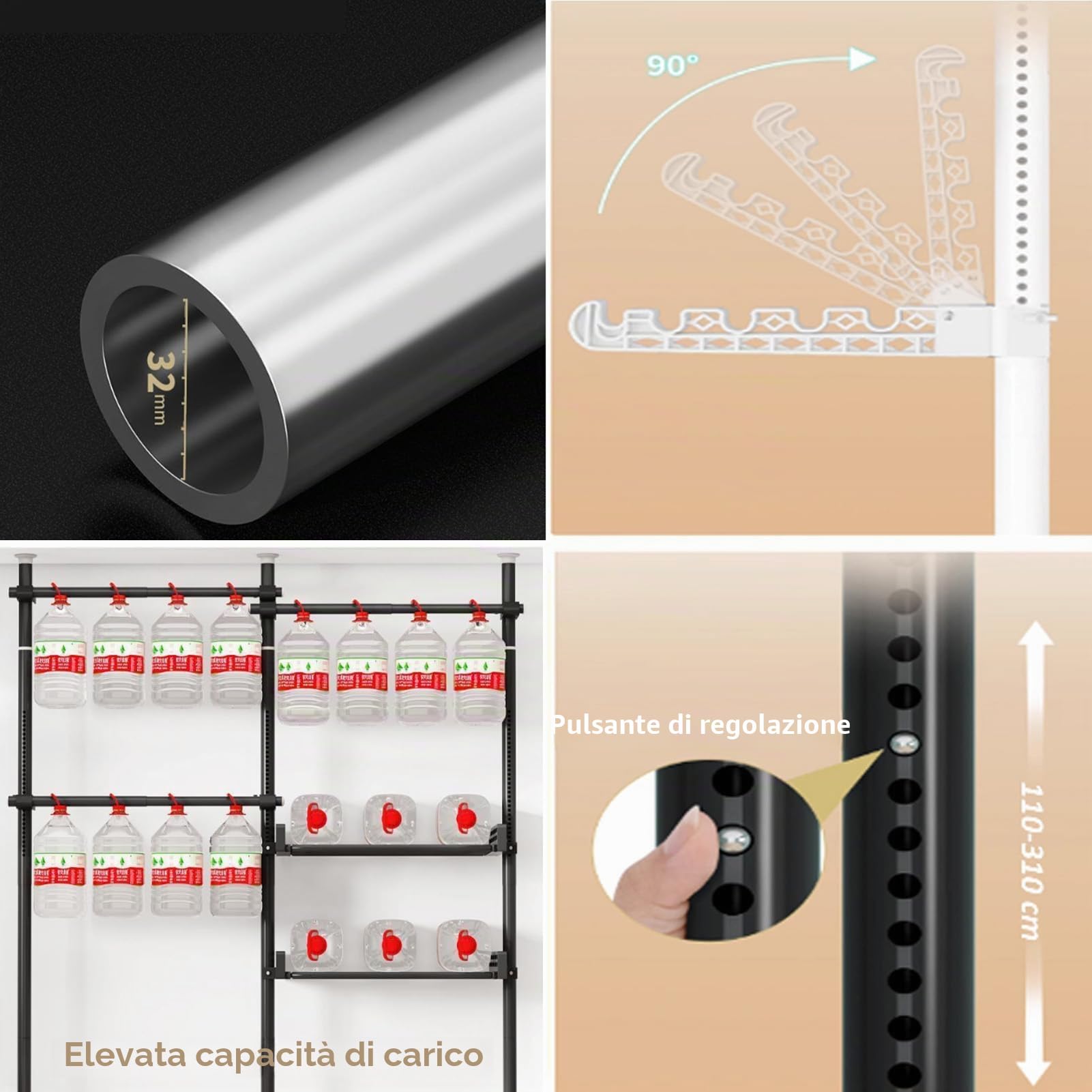 Kit Modulare per Armadio a Cabina - Appendiabiti Telescopico Regolabile con Scaffali, 110-310 Cm, Ideale per l'Organizzazione di Dormitorio e Camera da Letto