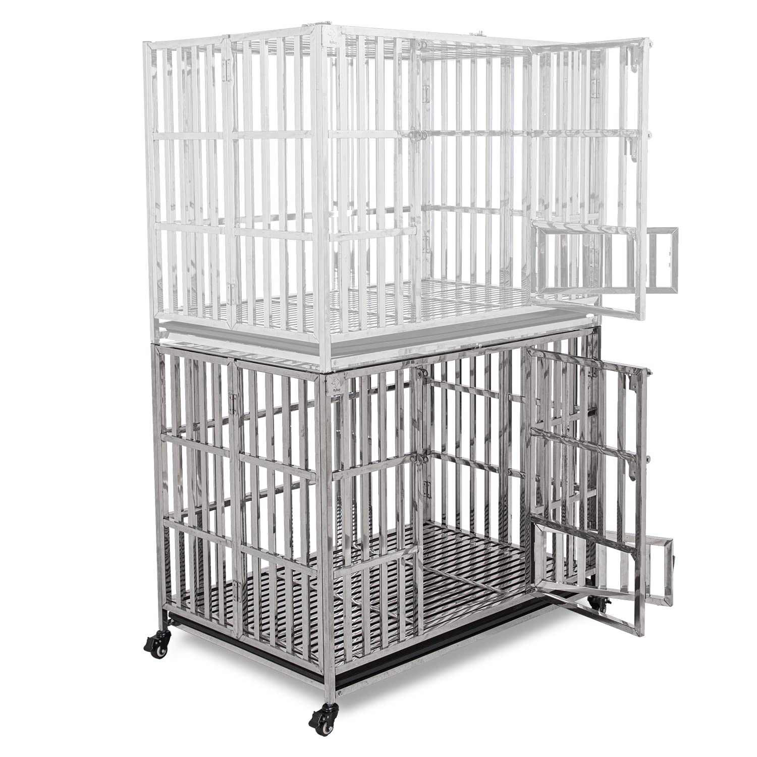 RyBuy 42" Stackable Heavy Duty Dog Crate Pet Stainless Steel Kennel Cage for Large Dogs with Tray in-Door Foldable & Portable for Animal Out-Door Travel