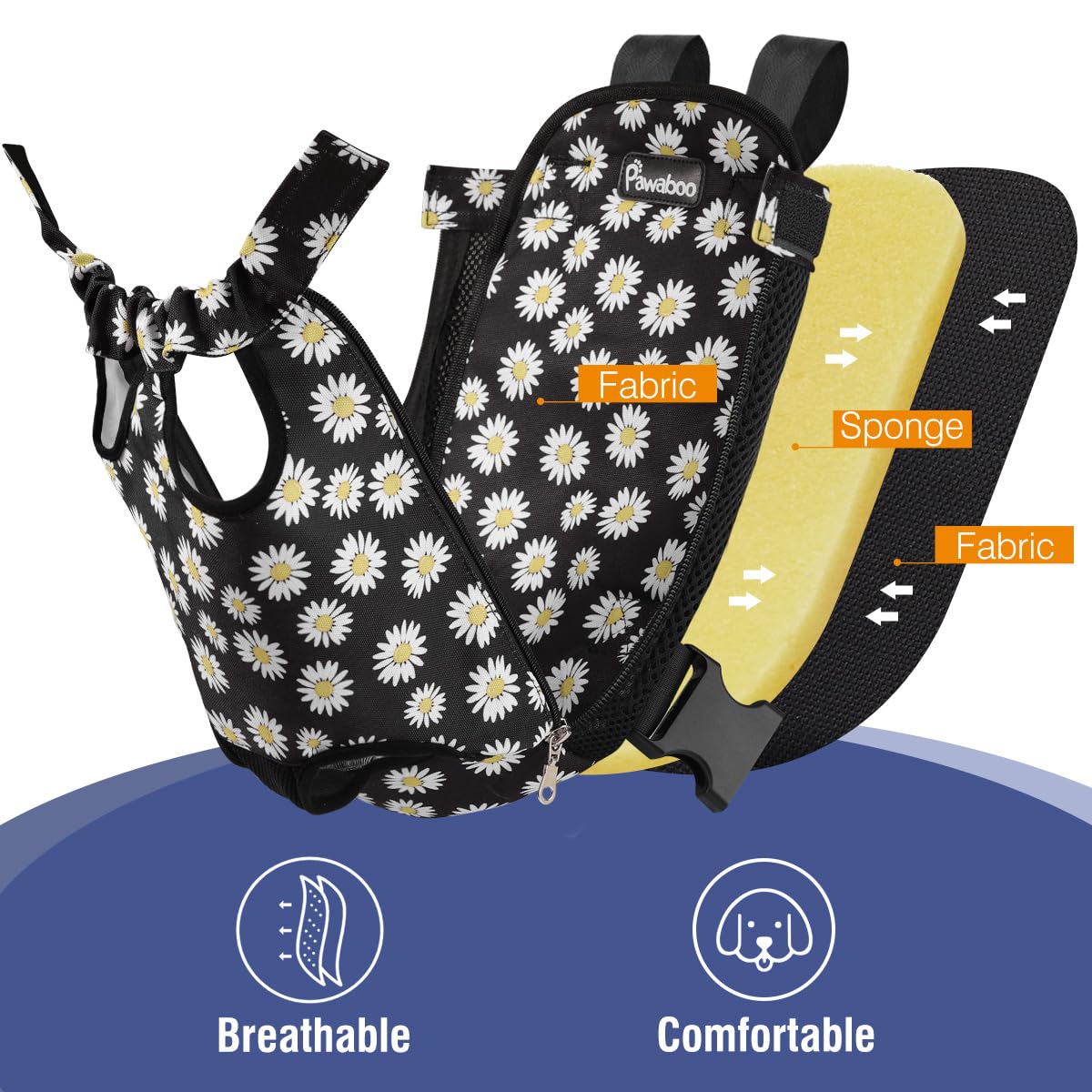 Pawaboo Sac de Transport de Voyage Sac à Dos de Transporteur Ventral Poitrine pour Petit Chien Chiot Chat pour Traveling Hiking Camping etc, Extra Large, Noir Marguerite