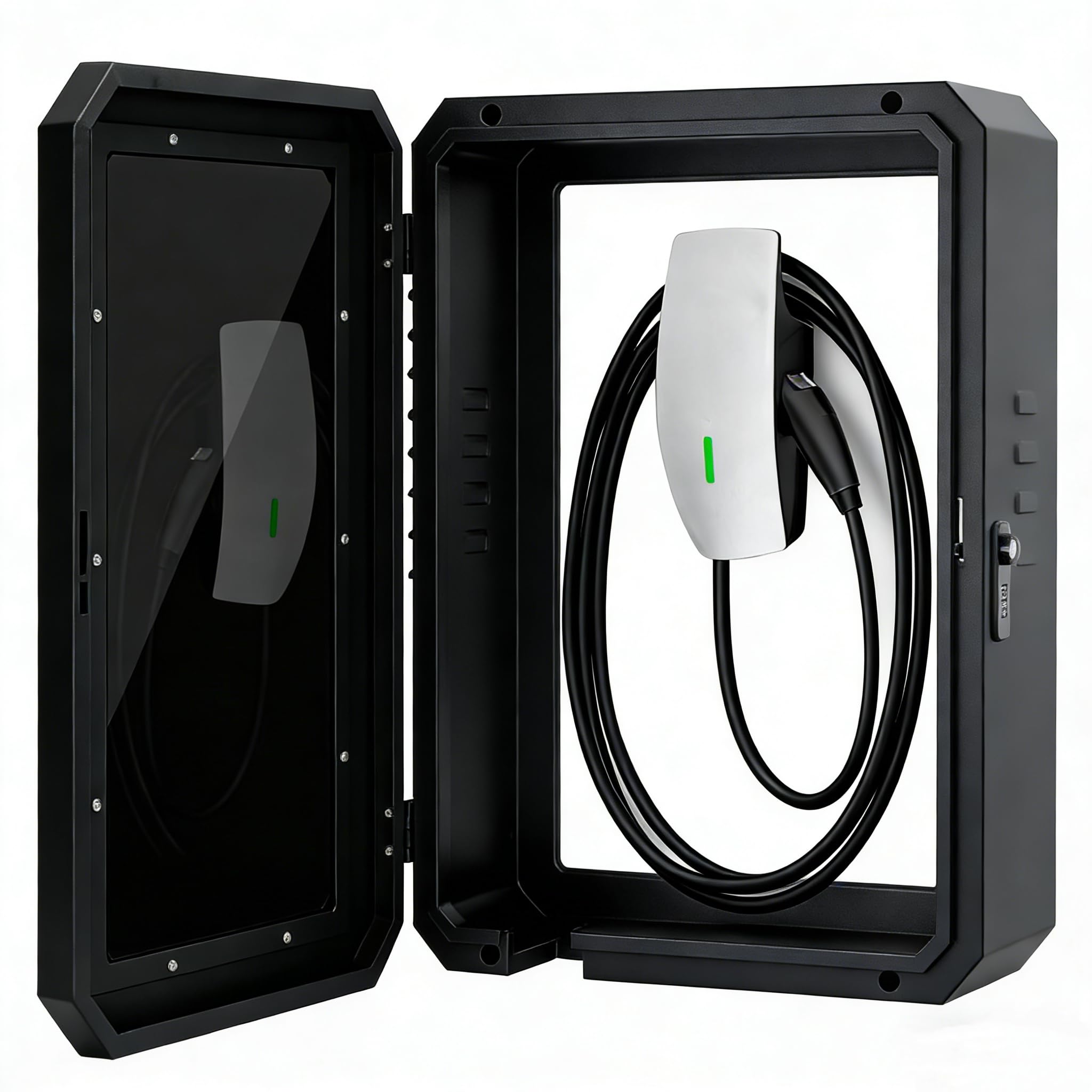 Condition photo showing New/Like New for ev charger outdoor enclosure, charger station box for tesla wall charger, cable cord holder lock box, heavy duty outdoor charging case, black