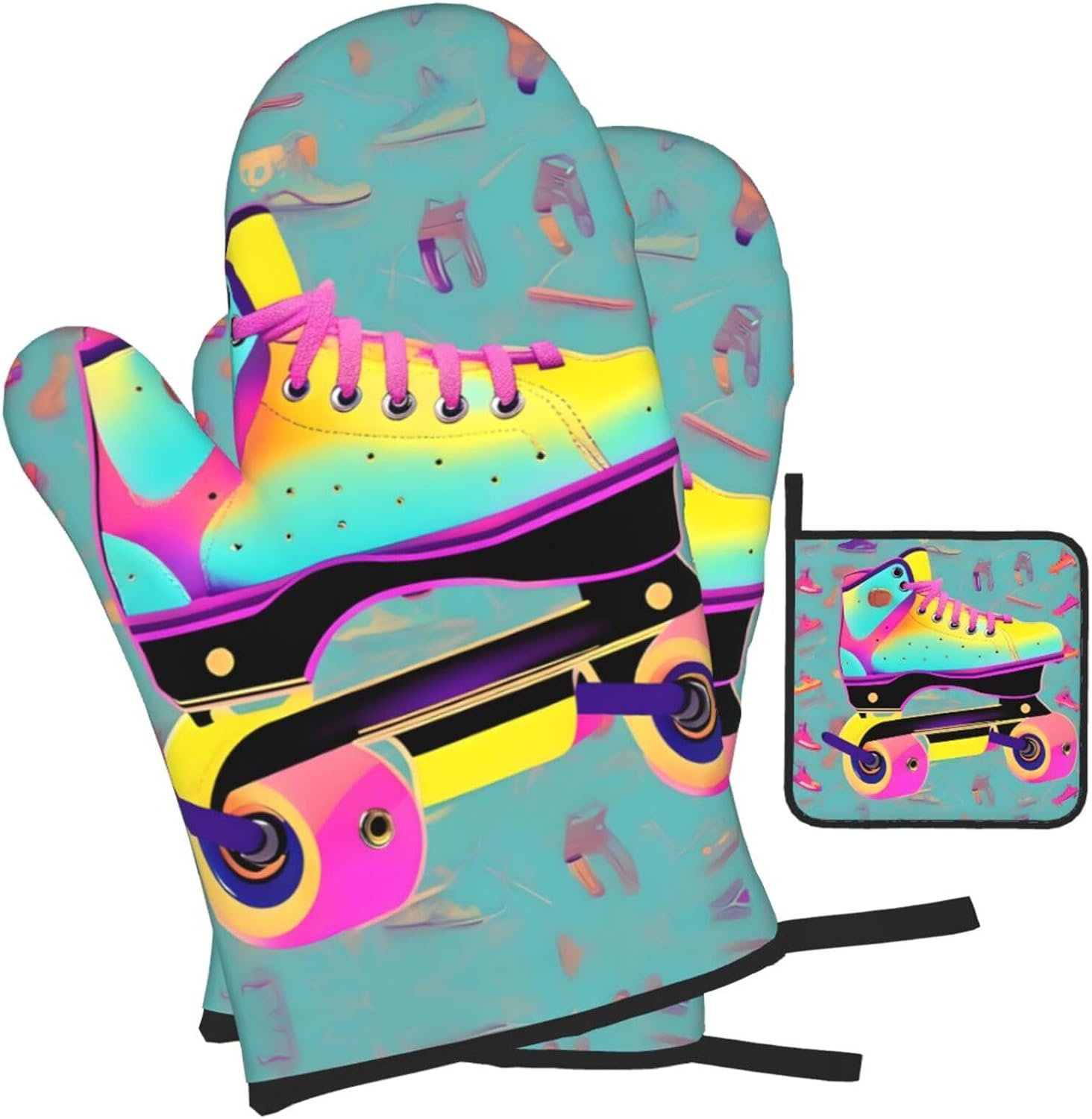 Colorful Roller Skates Print Heat Resistant Microwave Gloves, Used for Baking, Cooking, and Fashion Kitchen Essentials
