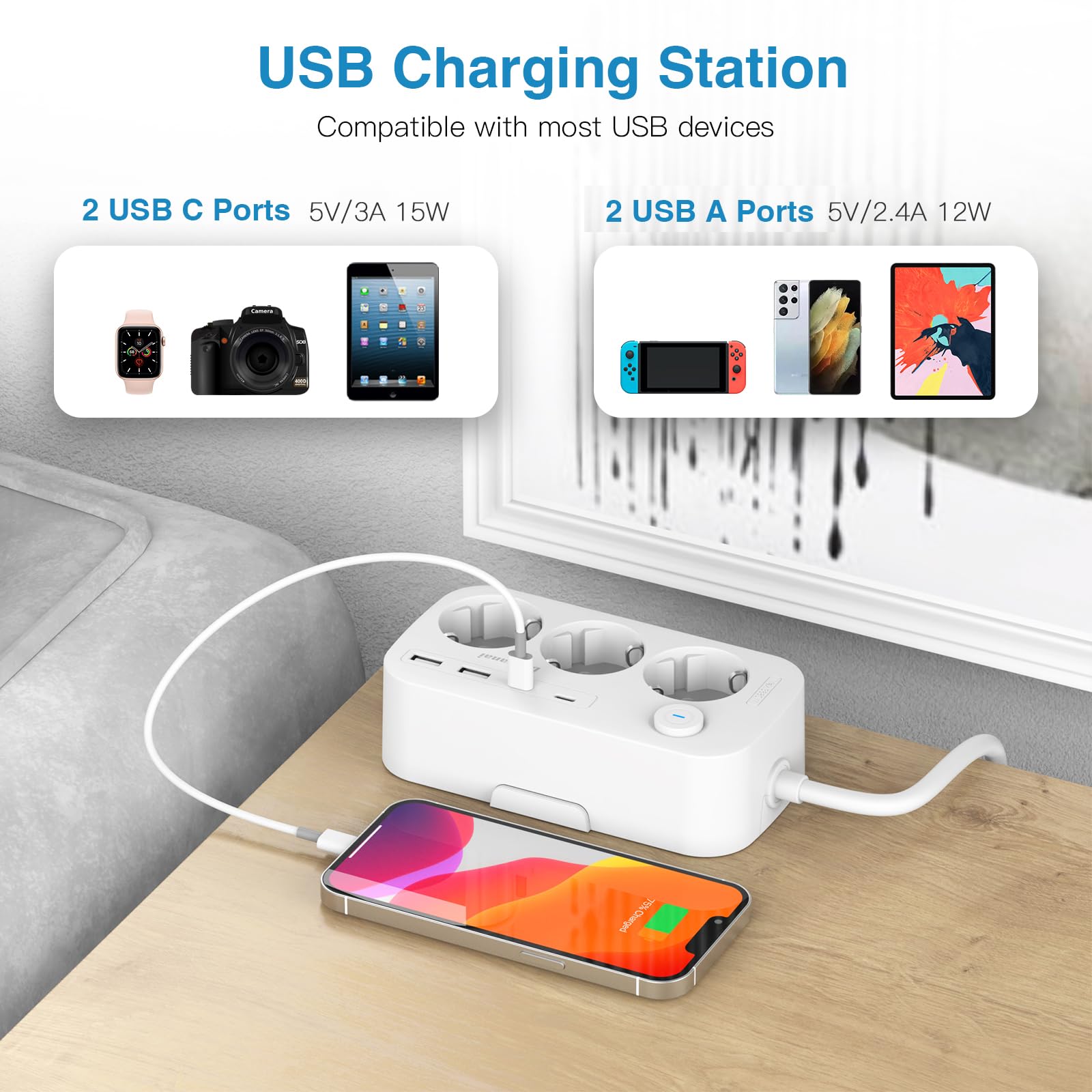 Adaptateur de Voyage International, Adaptateur de Prise avec 3 Compartiments et 4 USB (2 USB C), Type A/C/G/I/M/D Le Japon, Le UK, la Thaïlande, l'AUS, l'EU, l'Afrique du Sud, l'Inde