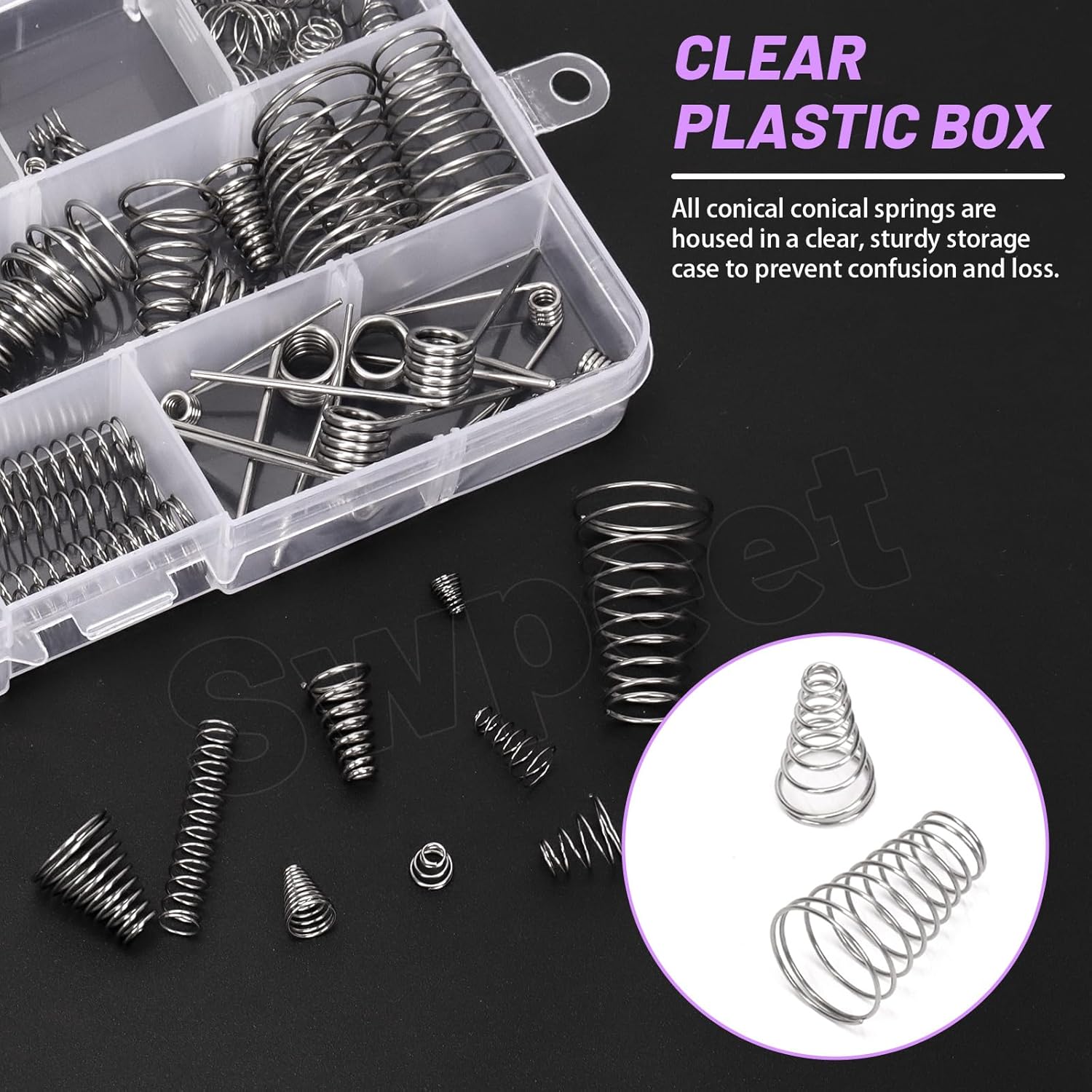 Swpeet 148Pcs 3 Styles Stainless Steel Compression Springs Assortment Kit, 0.3/0,5/0.7/0.8/1 mm Conical Spring Compressed Spring, 0.3/0.4/0.5 mm Compression Springs, 1.5mm-45/90 Degree Torsion Spring