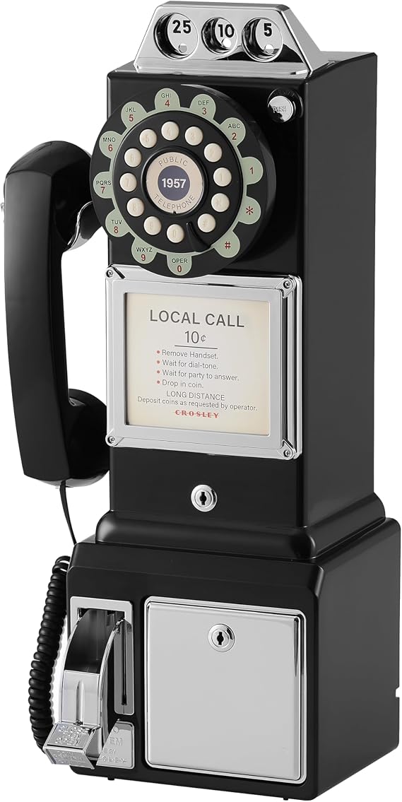 Crosley 1950's Payphone with Push Button Technology, Black, Wall-Mounted Landline Phone, CR56-BK