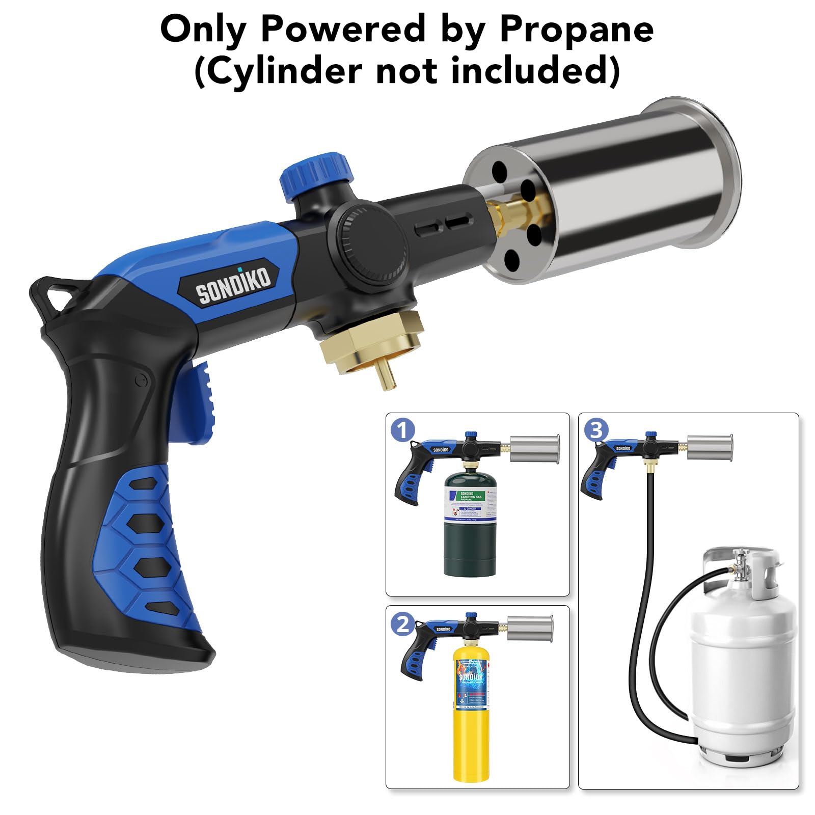 Sondiko Potente antorcha de propano para parrilla y cocina L8010, Sous Vide, arrancador de fogata, quemador de madera ajustable para asar filetes, barbacoa, soldadura (azul y negro) tanque de propano