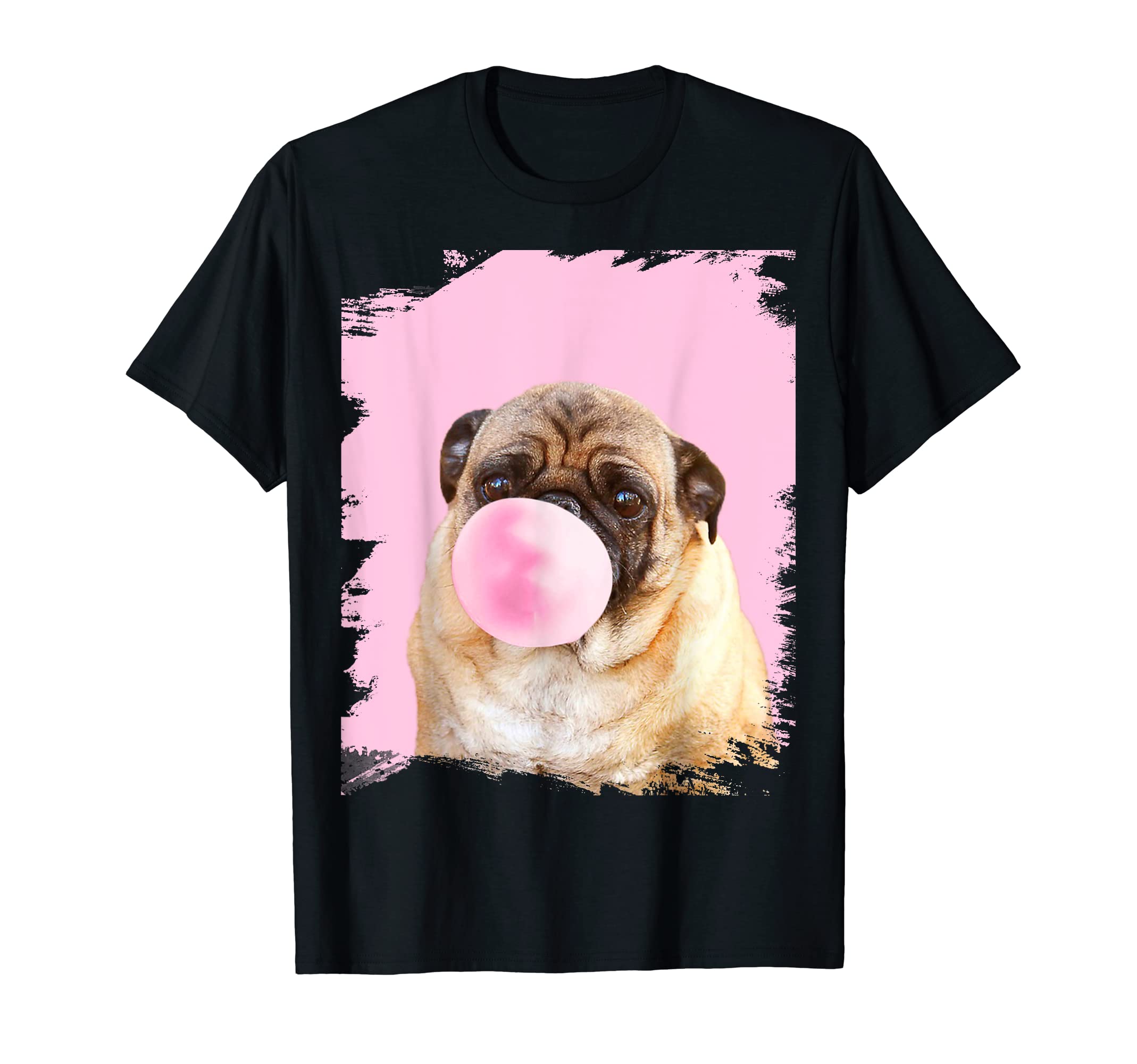 Cute Pug Dog Chewing Pink Gum T-Shirt, Black