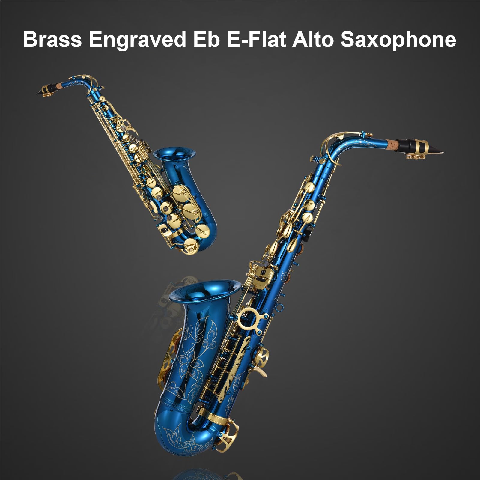HUIOP Saxofón,Saxofón Alto Eb E plano grabado en latón,botones de concha de abulón,instrumento de viento con estuche,guantes,paño de limpieza,cepillo para cinturón,LADE Saxofón Alto