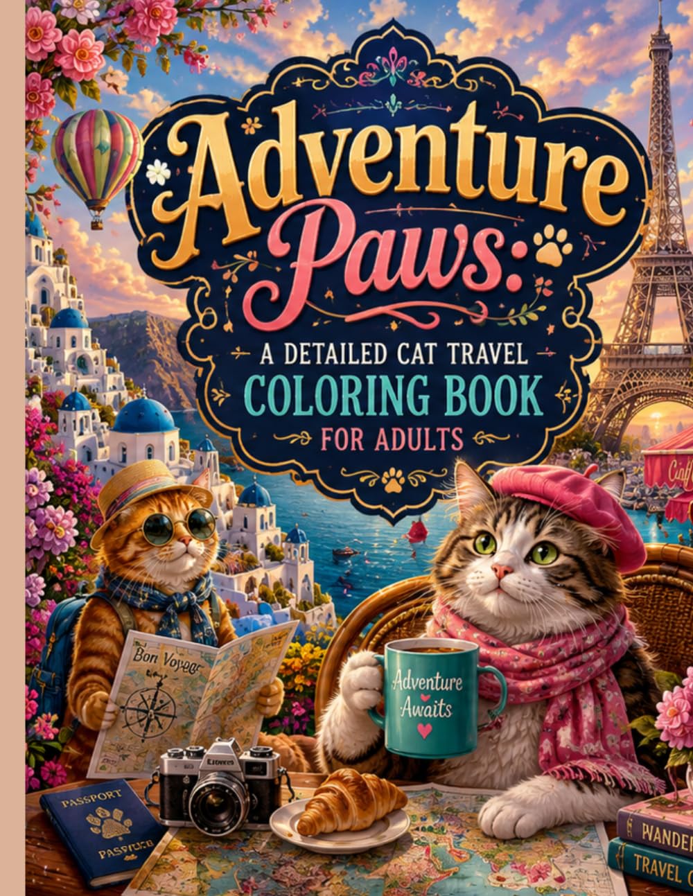 Adventure Paws: A Detailed Cat Travel Coloring Book for Adults