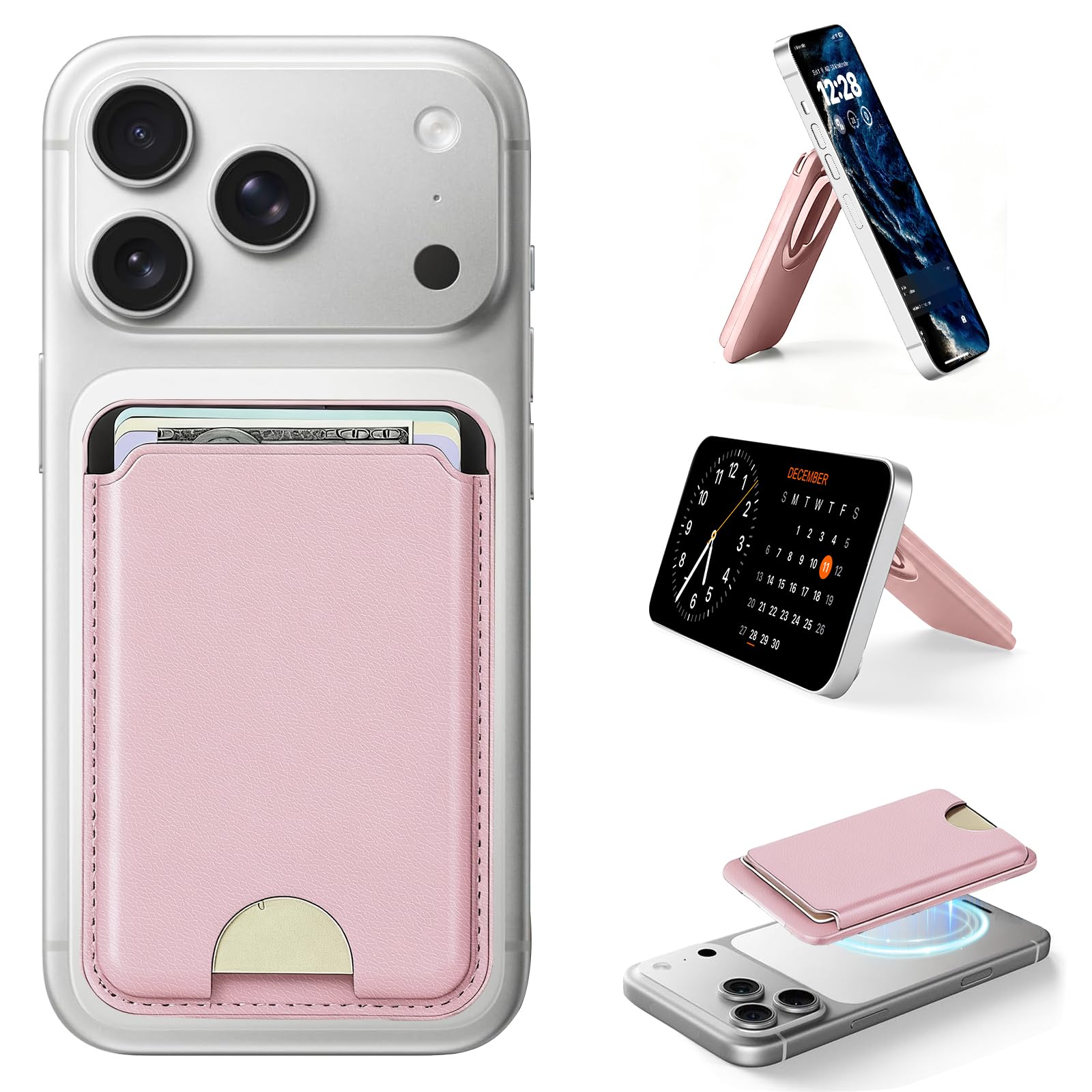 Portafoglio MagSafe, porta carte sottile con blocco RFID, portafoglio magnetico per telefono con supporto regolabile, per iPhone 17/16/15/14/13/12/Pro/Pro Max Serie Rosa