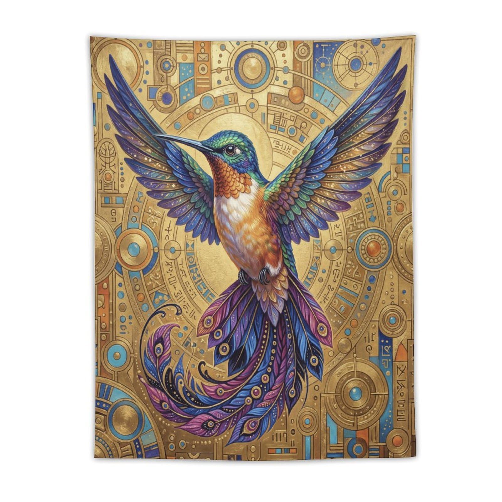 H3B8U2Y5 Ornate Golden Hummingbird Wall Tapestry, Floral Wing Detail