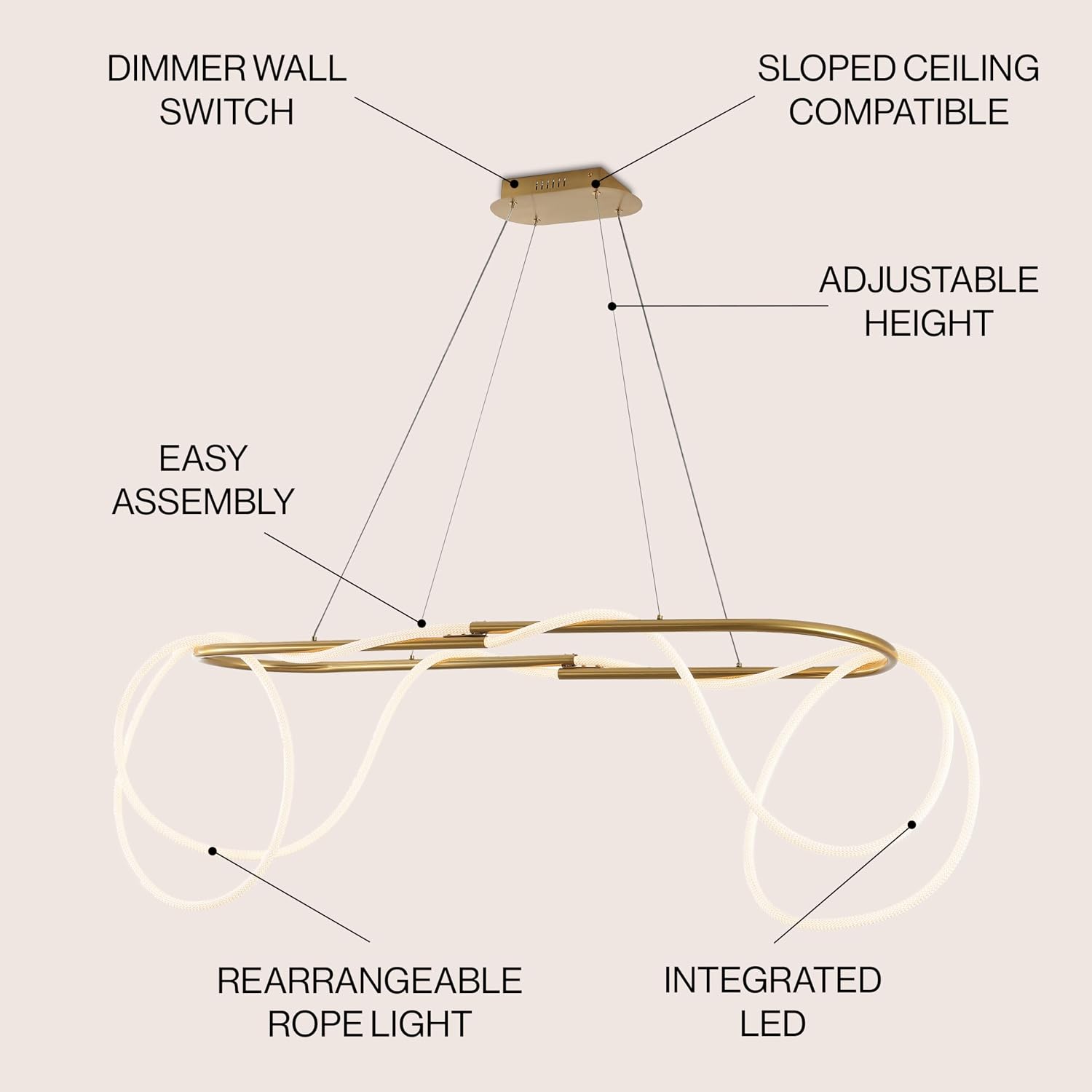 JONATHAN Y 59" Brass Gold Lisette Contemporary Minimalist 360 Adjustable Silicone Rope/Metal Dimmable Integrated LED Chandelier, Slope Ceiling Compatible JYL7139A