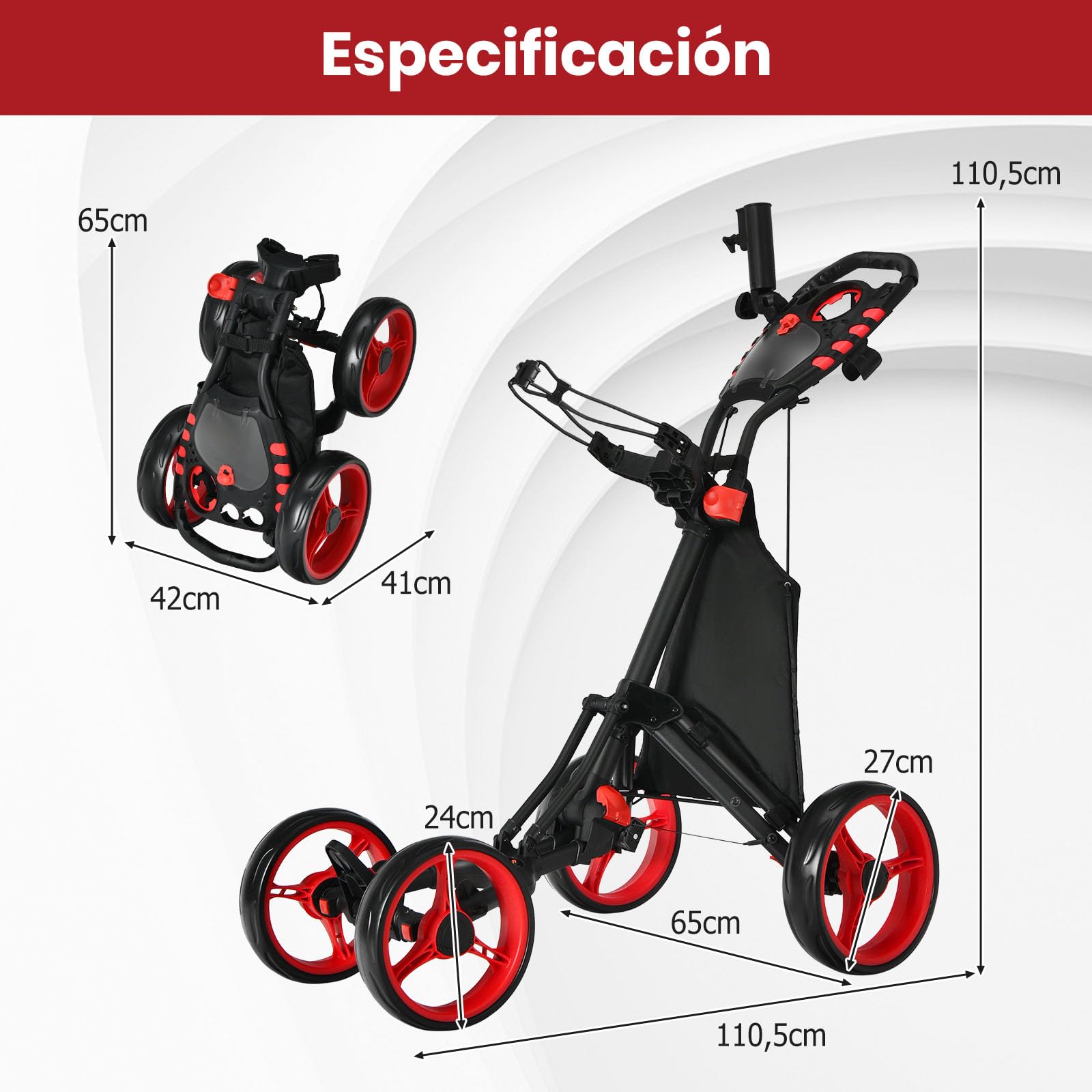 GOPLUS Carrito de Golf Plegable con 4 Ruedas, Carro Golf Ligero con Bolsa Impermeable, Freno de pie, Soporte para Paraguas Ajustable, Portavasos y Asa Ajustable, 110 x 100 x 65 cm