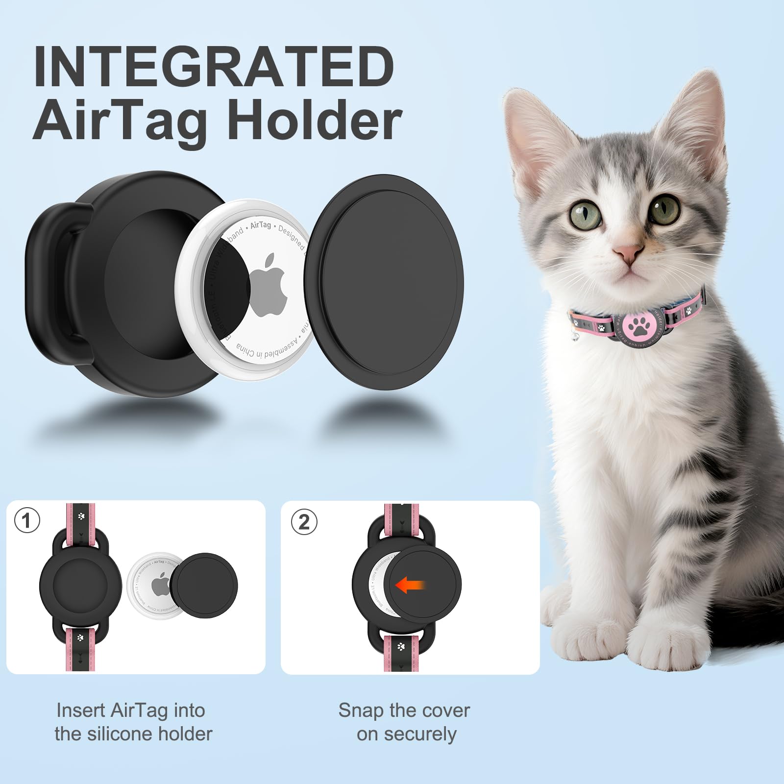 Airtag - Collar de gato Breakaway, collar reflectante para gatito con soporte para Apple Air Tag y campana, acolchado cómodo, ajustable, duradero, se adapta a gatos y niñas (rosa, XS)
