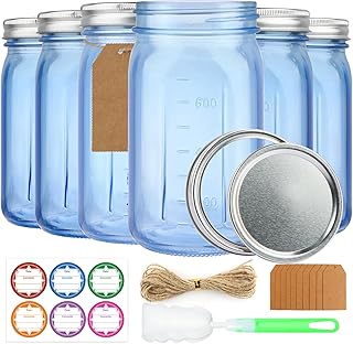 6 Pack Mason Jars 32 oz, Blue Wide Mouth Canning Jars with Airtight Lids, Glass Pint Jars with Bands Labels Brush, Large Storage Quart Jars for Jam Fermenting Preserving