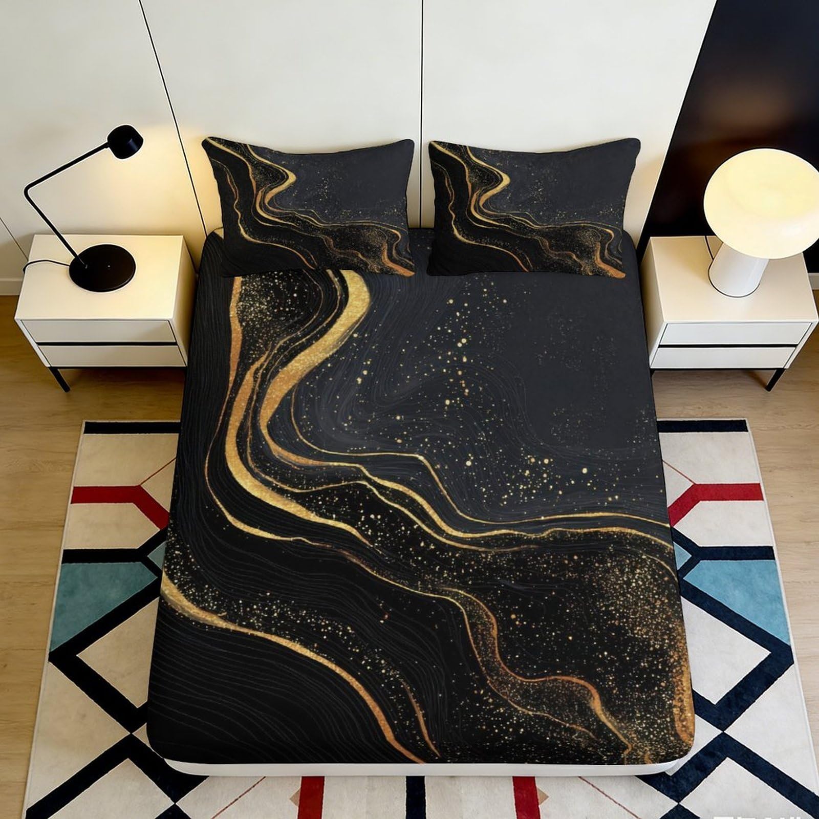 Uxinyoume Style-3 3D Printed Black Gold Marble Fitted Sheet Microfiber Soft Slip-Resistant Abstract Swirl Bed Cover For Bedroom Guest Room Decor 90X200x25cm