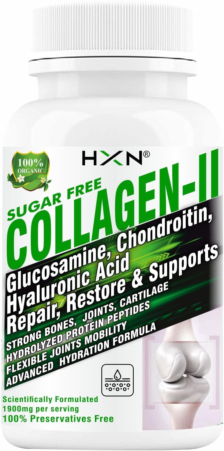 HXN Collagen Type 2 Supplement with Glucosamine, Chondroitin, MSM, Boswellia, Hyaluronic Acid, Vitamin C Complex, as Joint Support Supplements Organic Collagen Protein Peptides, Men, Women- 60 Tablets