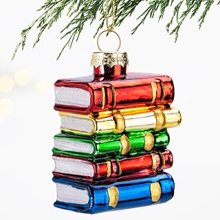 Stack of Books Glass Christmas Ornament, 3.1'' Holiday Hand-Painted Decoration for Teachers, Students, Book Lovers, Library, Classroom Xmas Tree Decor