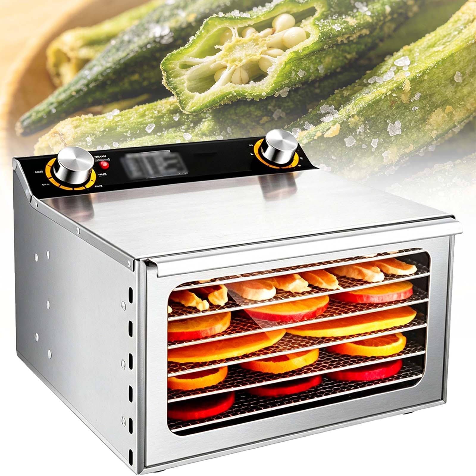 Suszarka Do Owoców Ze Stali Nierdzewnej Z Cyfrowym Timerem, Moc 800 W, Duże Tace Na Suszone Owoce, Warzywa, Zioła, Mięso I Przysmaki Dla Psów, Technologia Równomiernego(6 Trays)