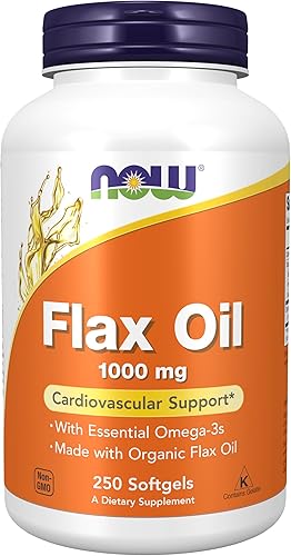 NOW Suplementos alimenticios, Aceite de Lino 1,000 mg elaborado con Aceite de Lino Orgánico, Soporte Cardiovascular*, 250 Cápsulas Blandas