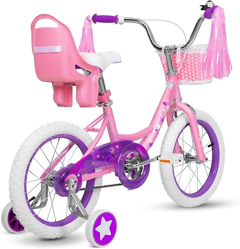 Miniatura 5 de WEIZE Bicicleta para niñas de 3 a 12 años, bicicleta para niños de 14, 16 y 20 pulgadas, con ruedas de entrenamiento, serpentinas, cesta y asiento