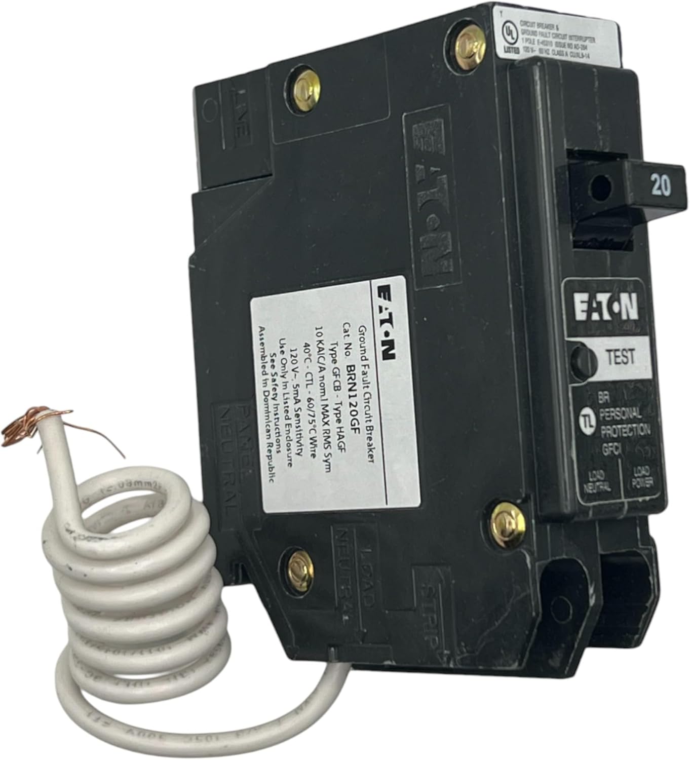 Eaton BRN120GF Br Gfci, 5ma, 1 Pole, 10kaic, 20a, Pigta