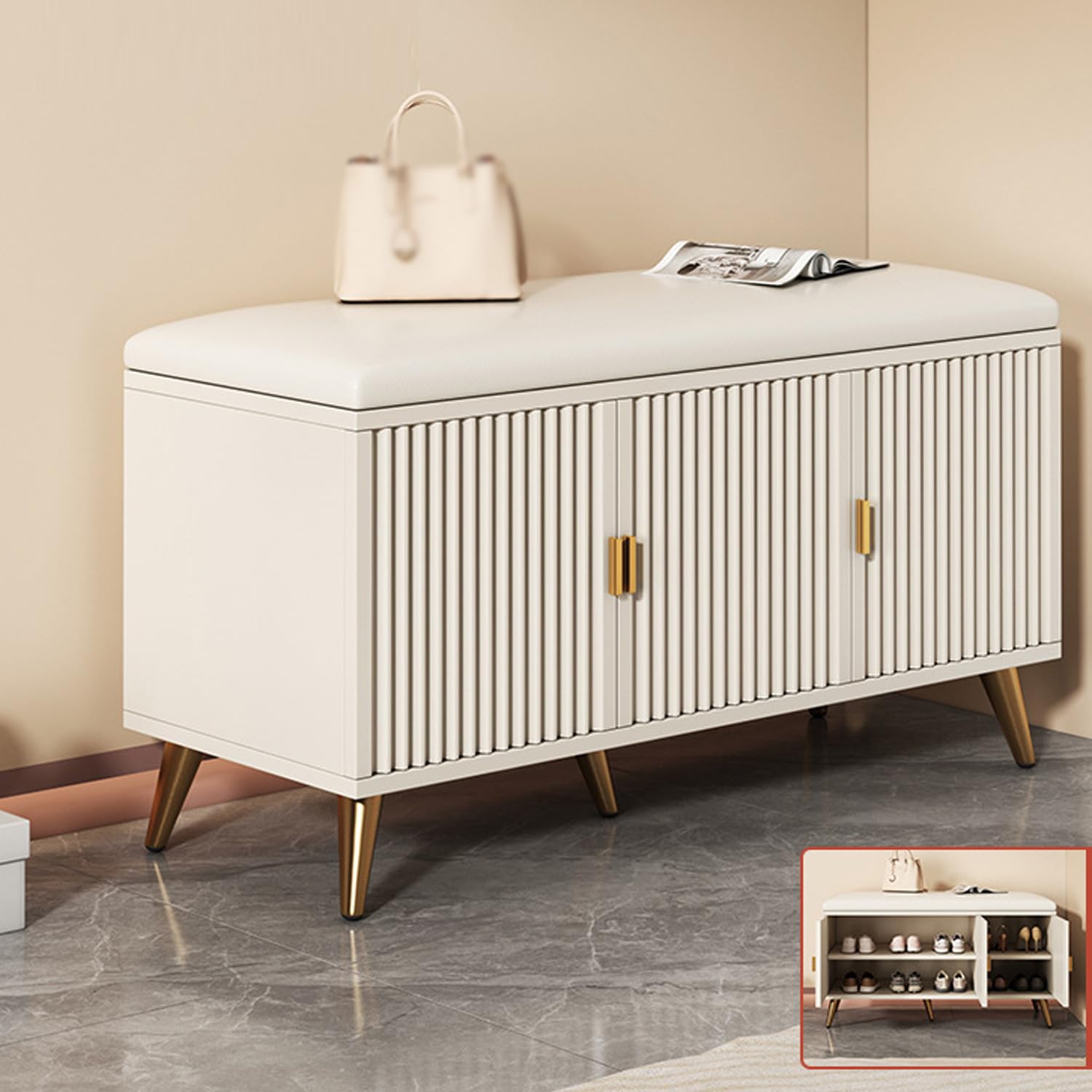 LWJSOCP White Gold Hallway Shoe Bench with Cushion Shoe Rack nizer with Door Wooden Storage Seat for Entryway Bedroom90x30x50cm