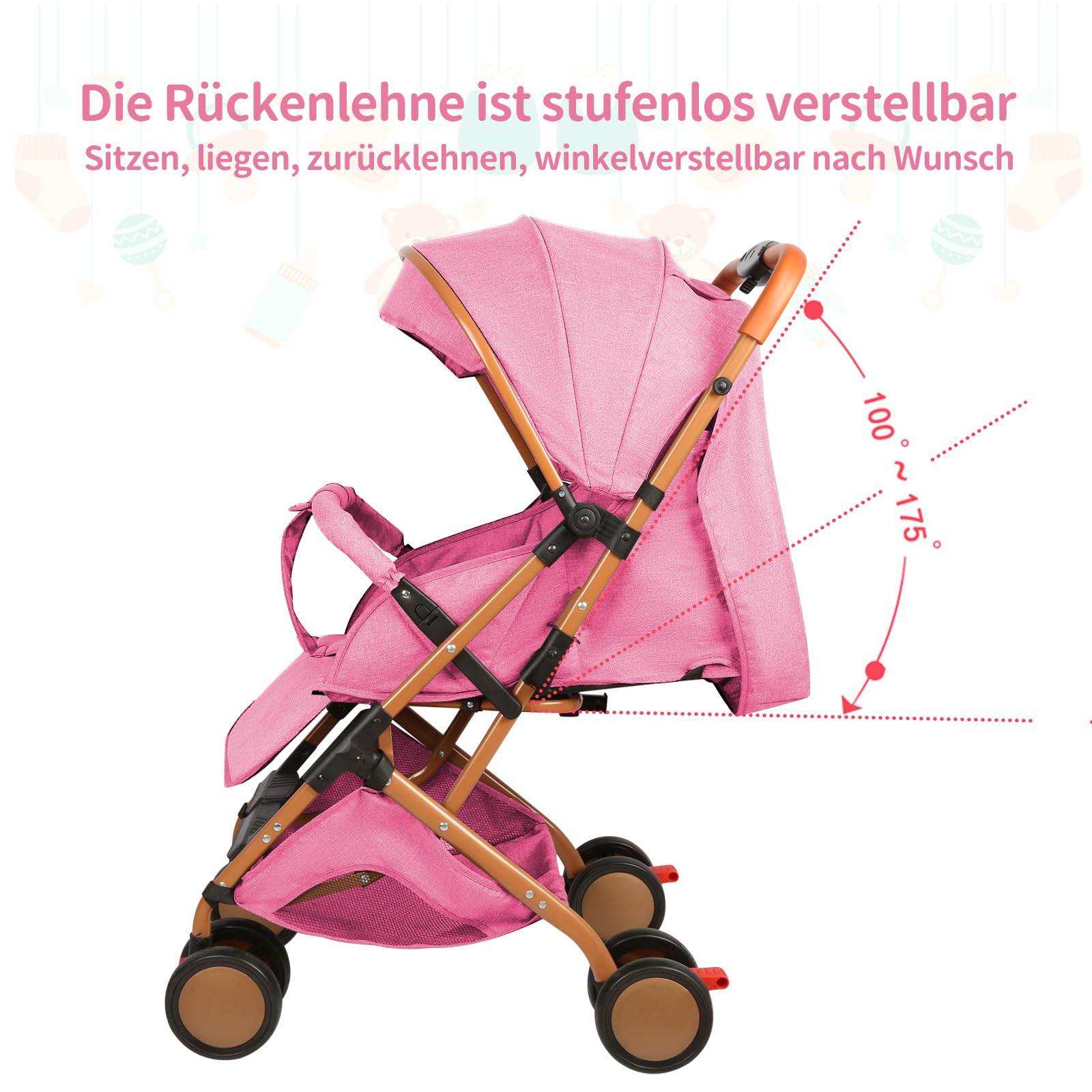 Passeggino 3 in 1 fino a 10 kg con funzione sdraio, passeggino piccolo pieghevole con accessori, ruote in schiuma Eva, zanzariera, porta bevande, cestino (rosa)