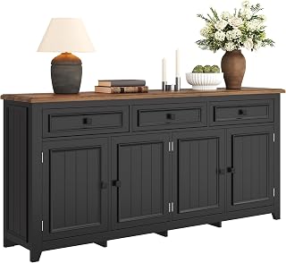HAINEW Sideboard Chest of drawers with 4 doors and 3 drawers, buffet cabinet side cabinet storage cabinet kitchen cabinets, country style, 160 × 35 × 76 cm, HNDE25112407 (Black)