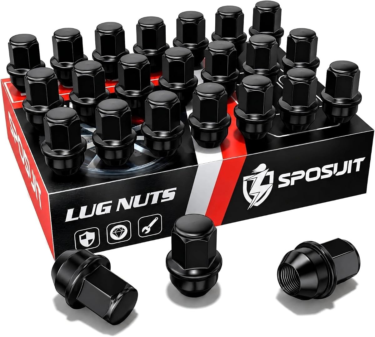 Sposuit 24 Pcs M14x1.5 Black OEM Lug Nuts, 21mm Hex - Replacement for Ford | Compatible with 2015-2024 Ford F-150, 2015-2024 Expedition, 1.8 Inch Height, 13/16 Inch Hex, 1.25 Inch Width
