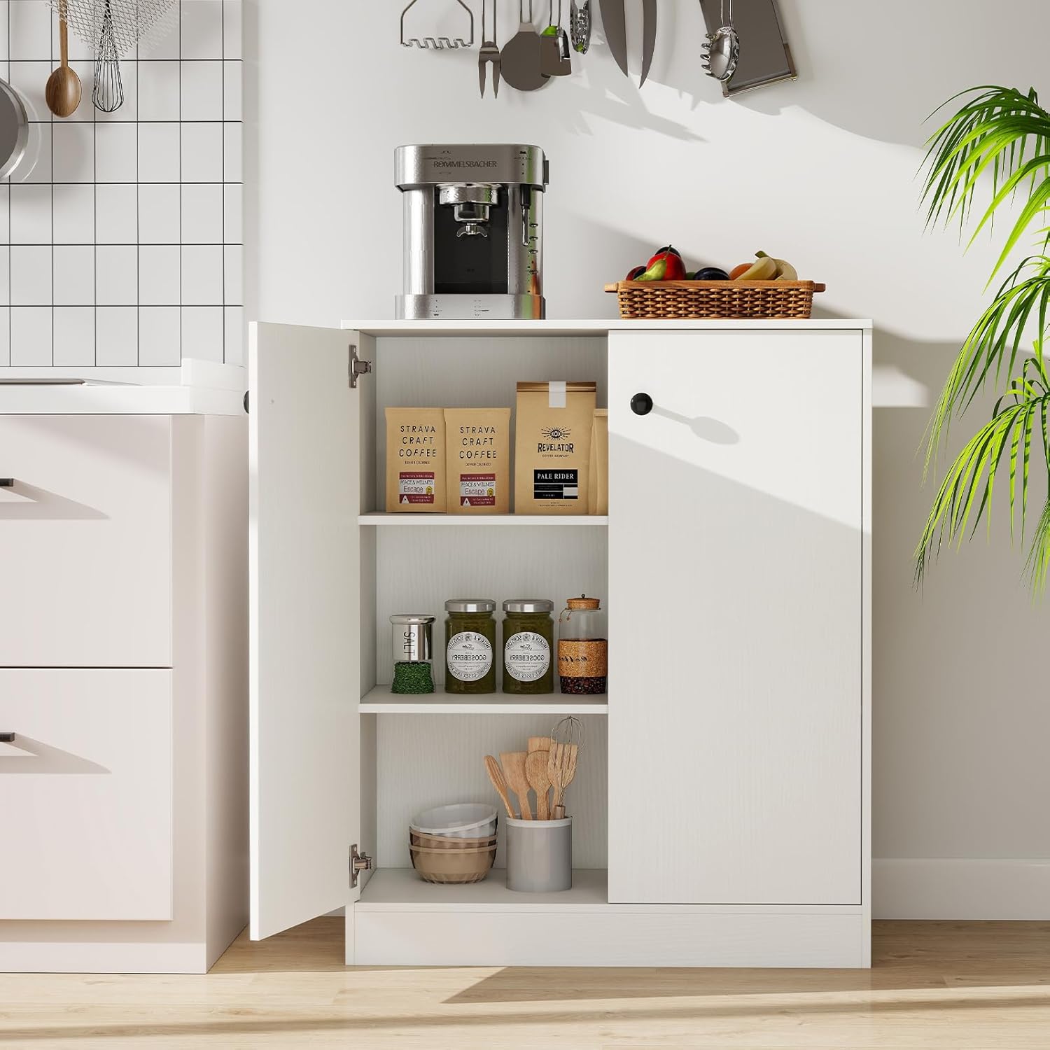 LOKO 2-Door Storage Cabinet, Modern Floor Cabinet with 3-Tier Shelf, Freestanding Side Cabinet with Anti-Toppling Device, Storage Organizer for Living Room, Kitchen, Dining Room, Entryway (White)