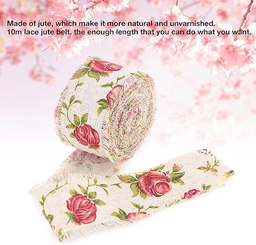 Miniatura 3 de Cinta de arpillera impresa de 32.8 pies, tela de cinta tejida para bricolaje, flor de rosa, correa de yute de arpillera para boda, fiesta, Navidad,
