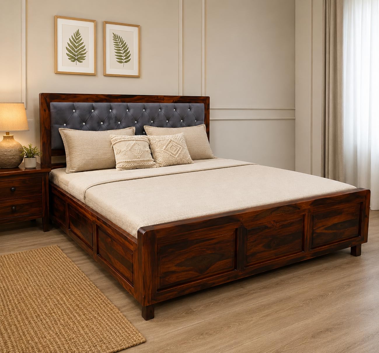 Solid Sheesham Wooden King Size Bed with Storage with Designer Headboard for Livingroom Bedroom & Hollway | Modern Wooden Bed with Box Storage for Home Decor.-image-27
