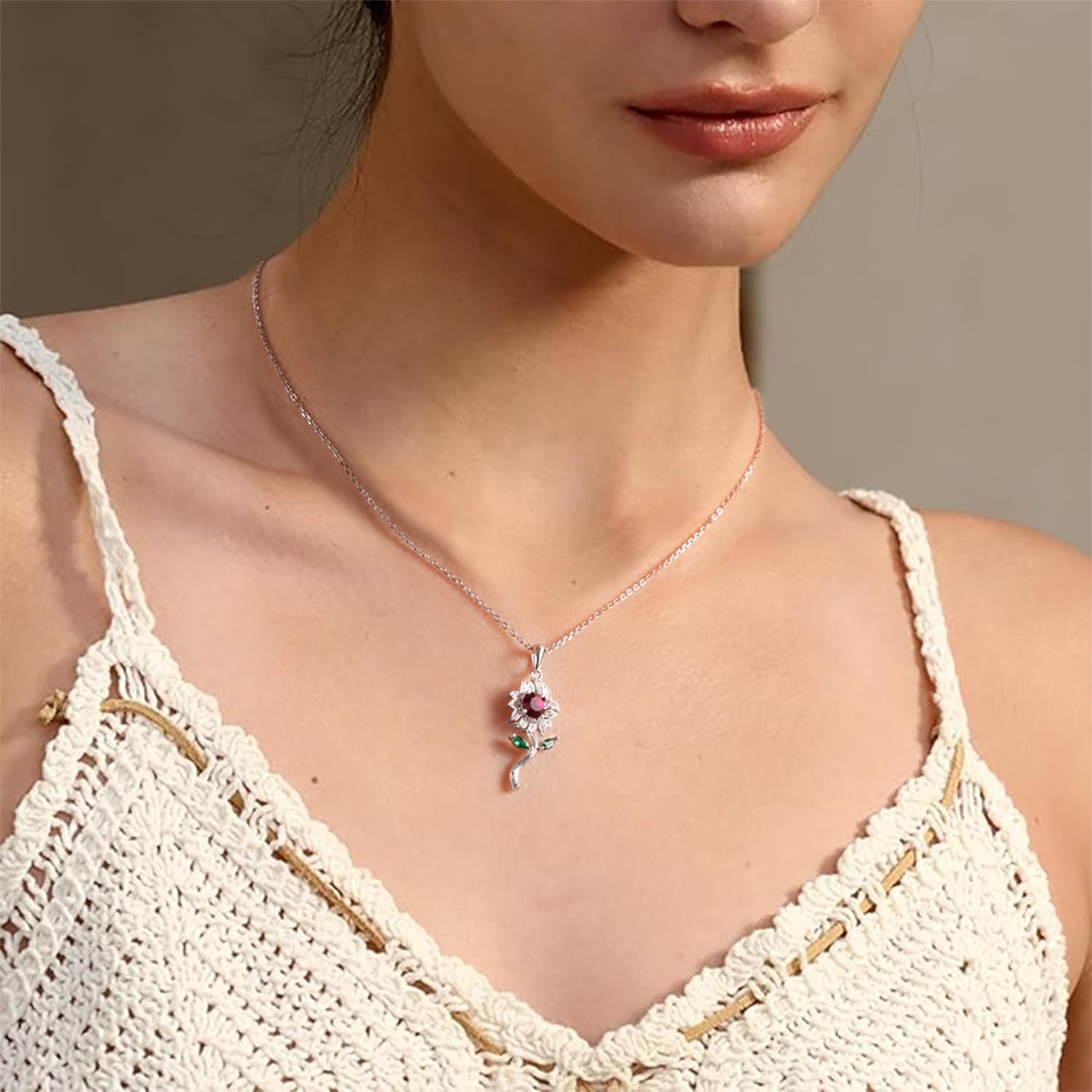 Sunflower Necklace 925 Sterling Silver Ruby Necklace for Women Anniversary Birthday Valentine's Day Gifts for Her - Image 3